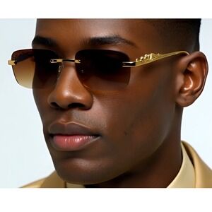 Rimless Sunglasses Gold Brown Lens Fashion Shades Men‎ Retro Small Outdoor Gafas